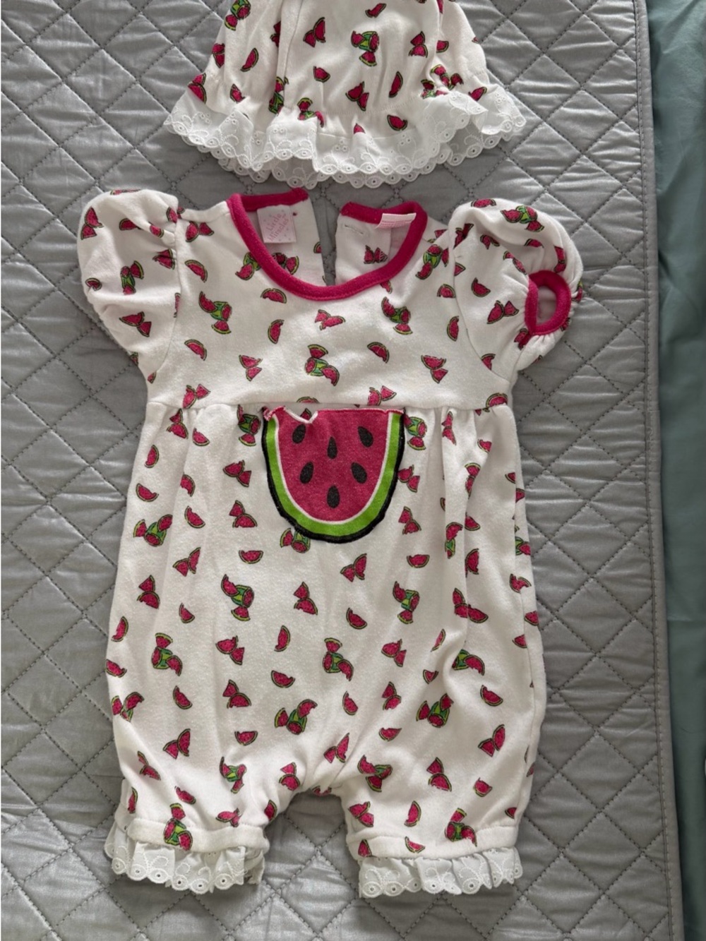 White Baby Girls Watermelon Print Romper with Matching Hat
